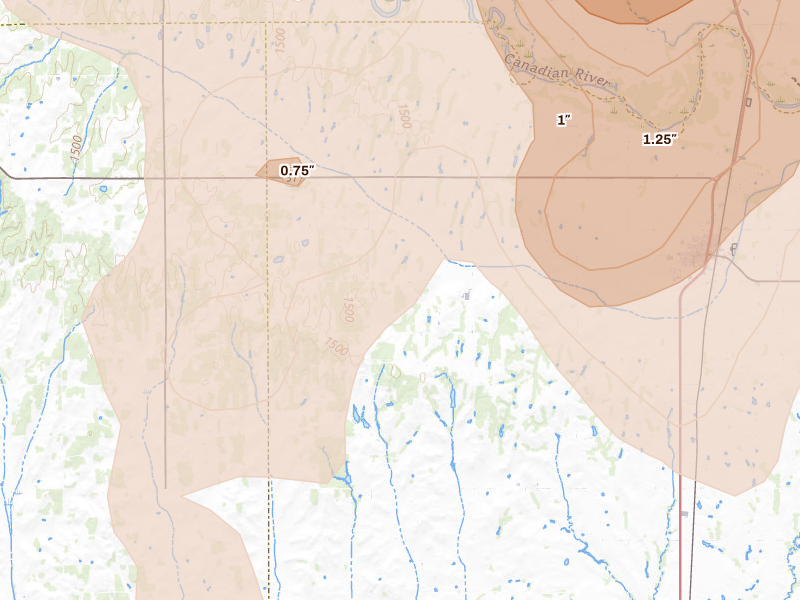 Radar-estimated hail-size map of the storm over Minco, OK on Jun 11, 2026