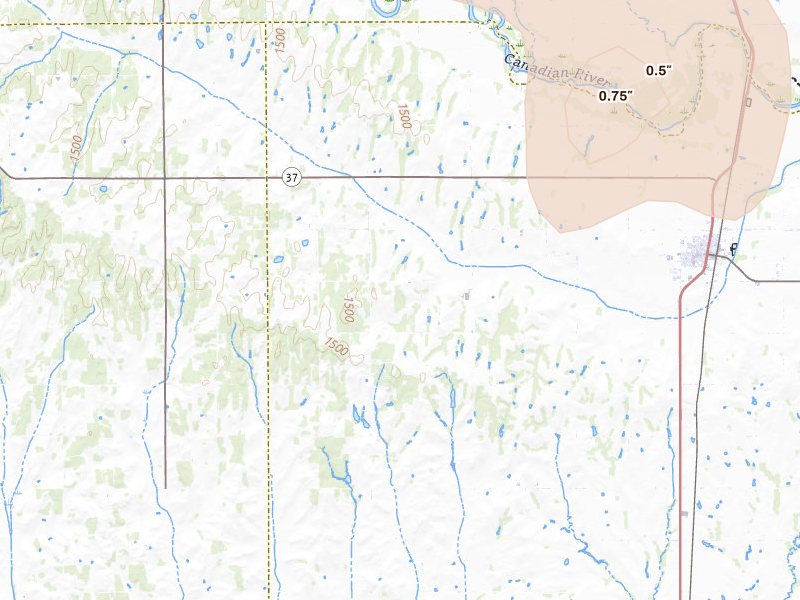 Radar-estimated hail-size map of the storm over Minco, OK on Jun 23, 2026