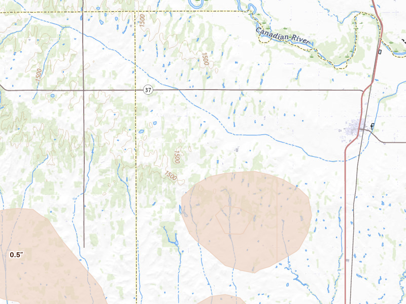 Radar-estimated hail-size map of the storm over Minco, OK on Jul 4, 2026