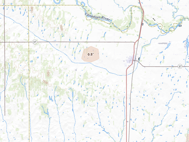 Radar-estimated hail-size map of the storm over Minco, OK on Aug 7, 2026