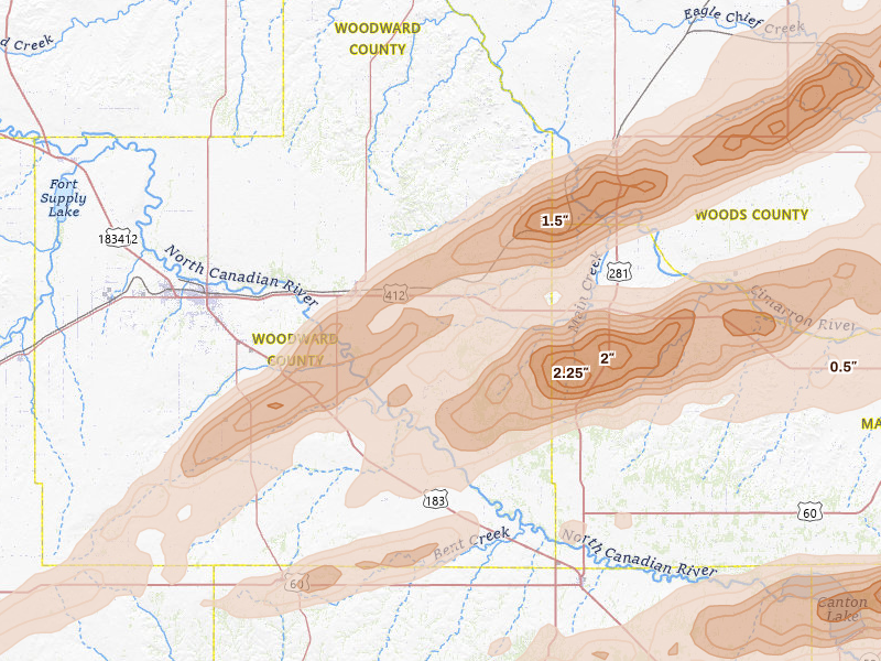 Radar-estimated hail-size map of the storm over Mooreland, OK on Apr 17, 2026