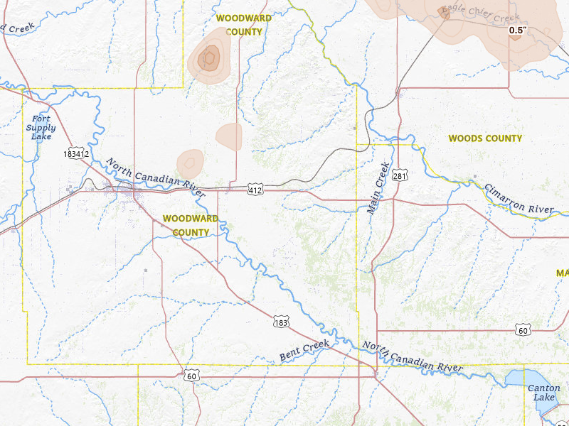 Radar-estimated hail-size map of the storm over Mooreland, OK on Jun 1, 2026