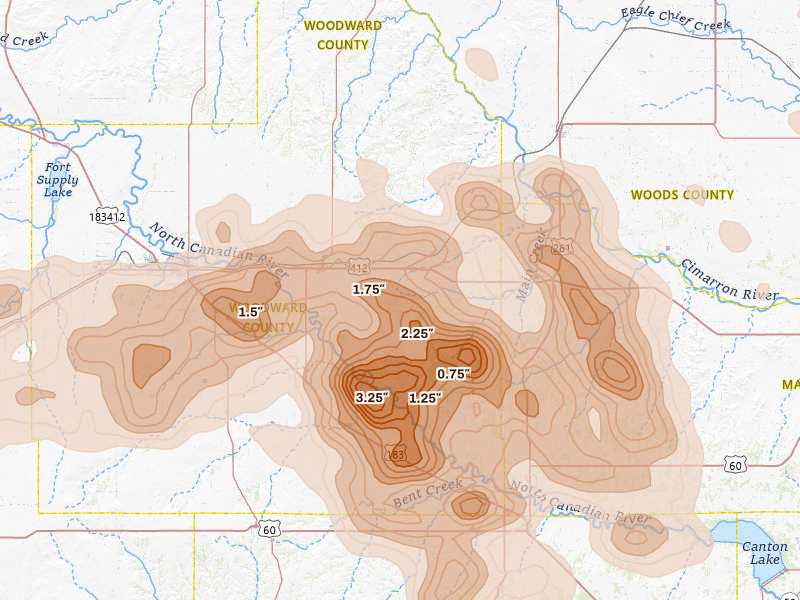 Radar-estimated hail-size map of the storm over Mooreland, OK on Jul 4, 2026