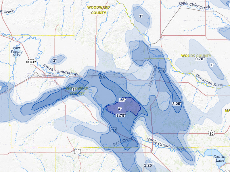 NEXRAD radar-signature map of the hail over Mooreland, OK