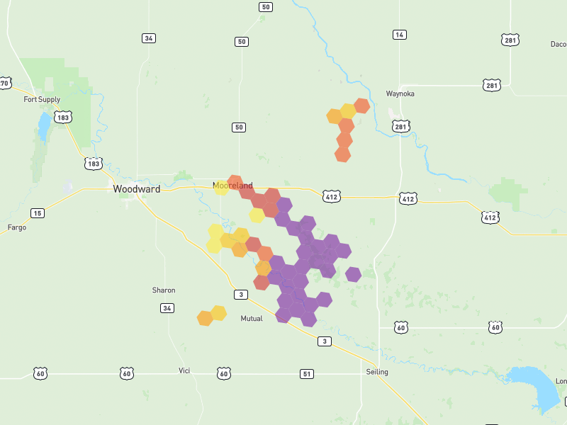 Hail map of Mooreland, OK on Jul 4, 2026, hail up to 4"