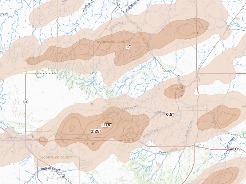 Radar-estimated hail-size map of the storm over Mooreland, OK