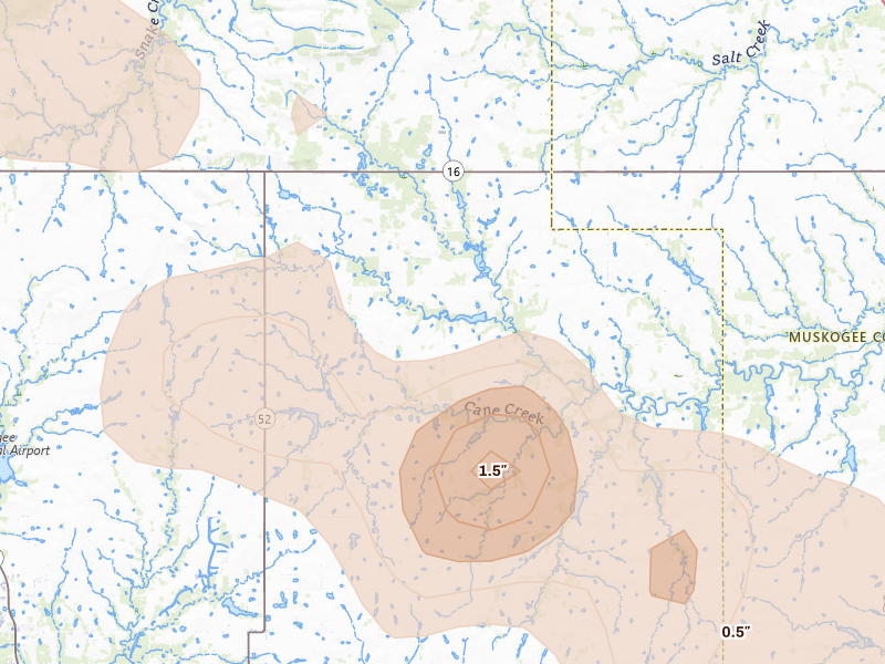 Radar-estimated hail-size map of the storm over Morris, OK on May 8, 2026