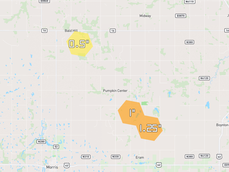 Hail map of Morris, OK on Jun 2, 2026, hail up to 1.25"