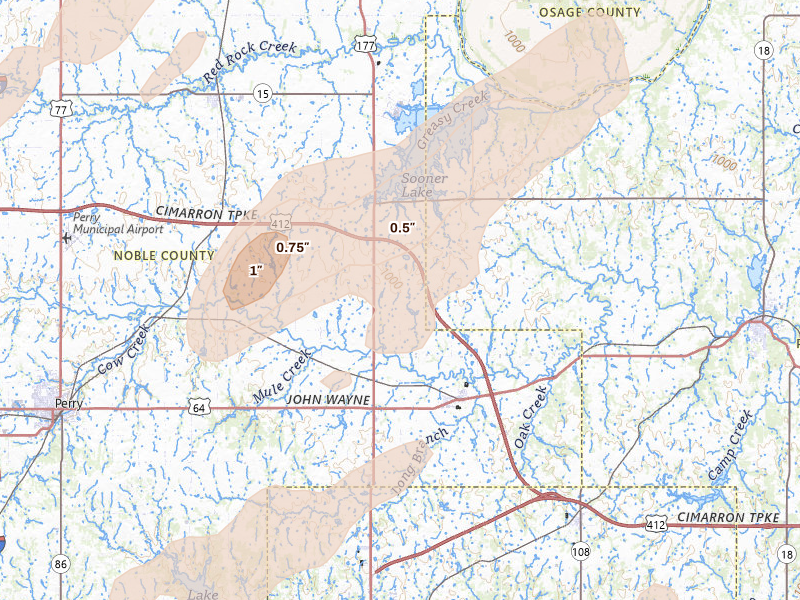 Radar-estimated hail-size map of the storm over Morrison, OK on Apr 1, 2026