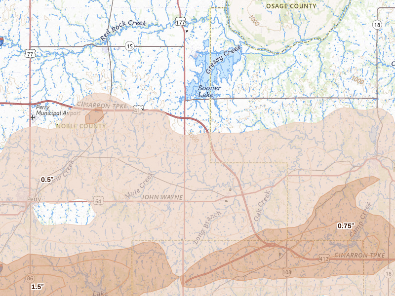 Radar-estimated hail-size map of the storm over Morrison, OK on Apr 23, 2026