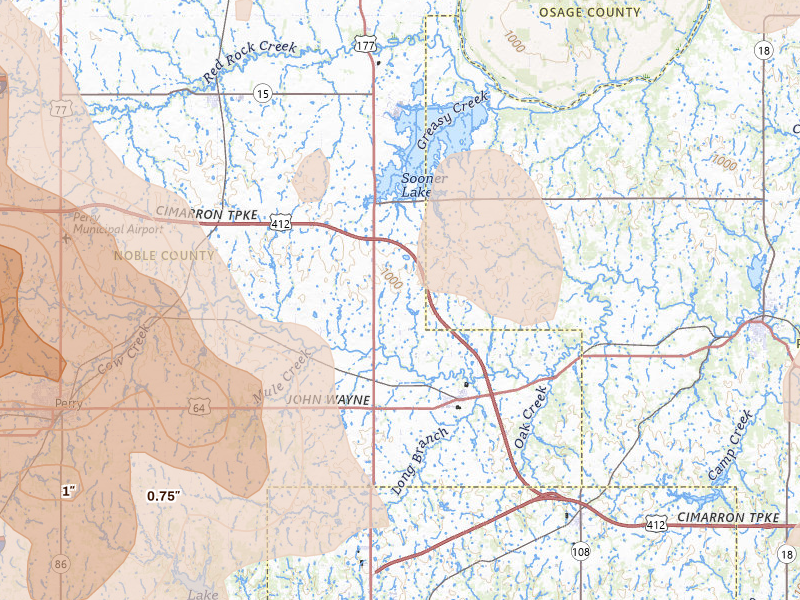 Radar-estimated hail-size map of the storm over Morrison, OK on Jul 4, 2026
