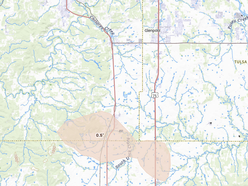 Radar-estimated hail-size map of the storm over Mounds, OK on May 8, 2026