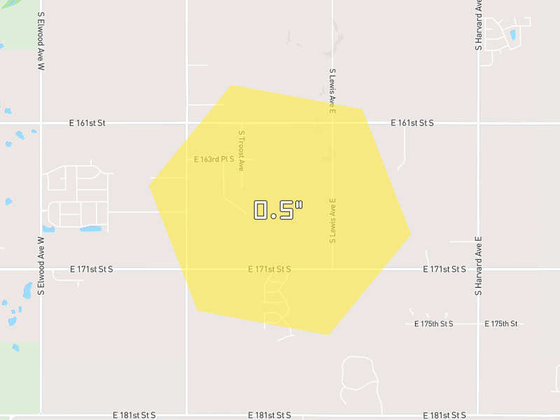 Hail map of Mounds, OK on Jun 2, 2026, hail up to 0.5"