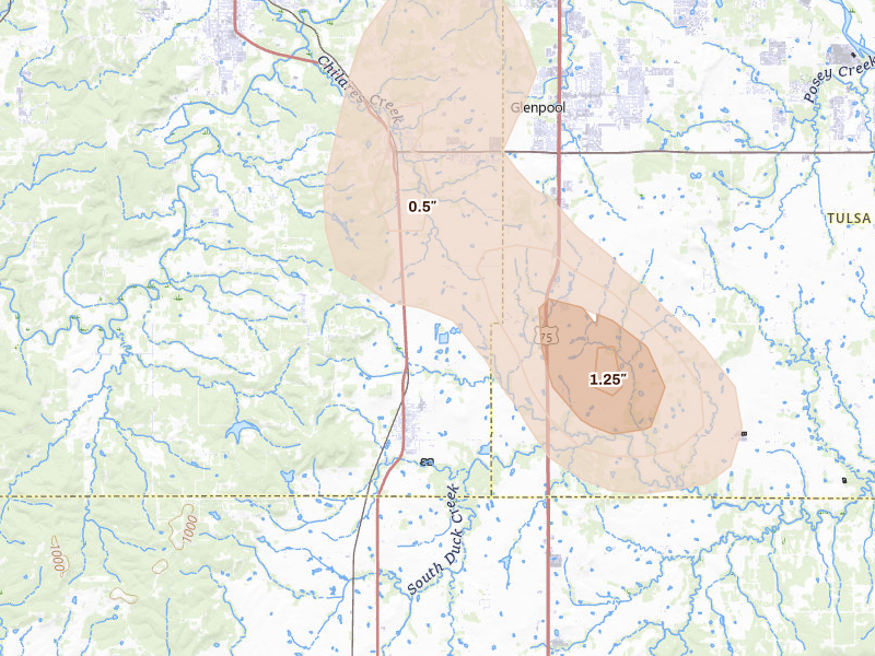 Radar-estimated hail-size map of the storm over Mounds, OK on Aug 20, 2026