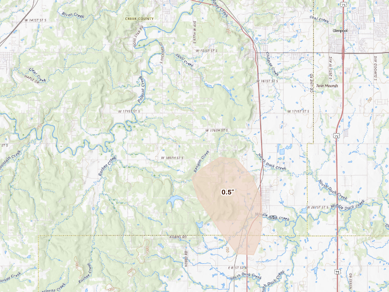 Radar-estimated hail-size map of the storm over Mounds, OK on Sep 12, 2026