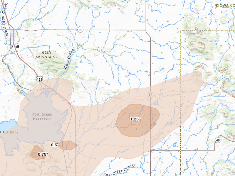 Radar-estimated hail-size map of the storm over Mountain Park, OK on Apr 3, 2026