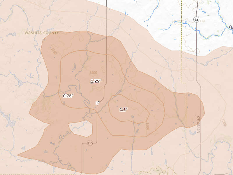 Radar-estimated hail-size map of the storm over Mountain View, OK on May 9, 2026