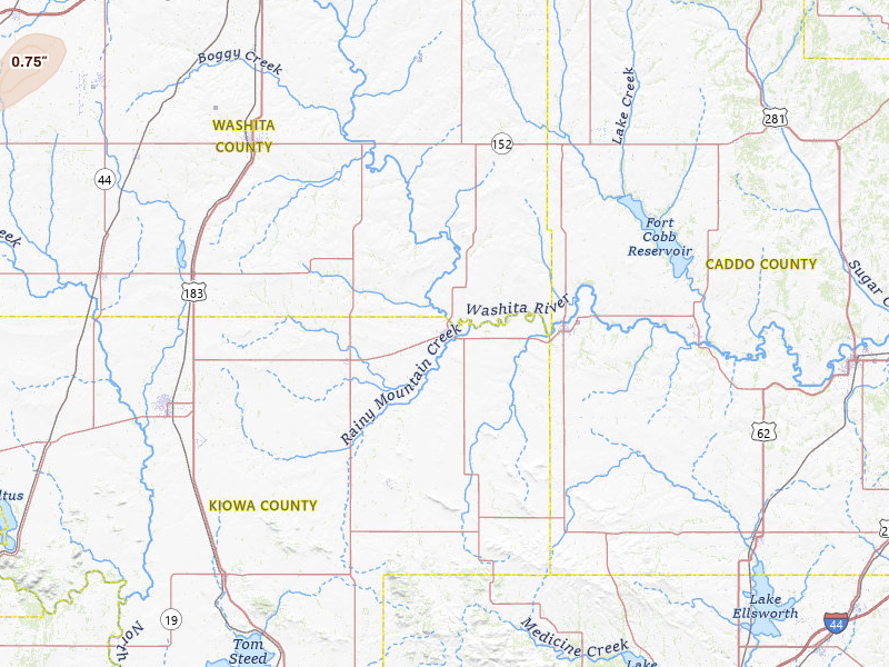 Radar-estimated hail-size map of the storm over Mountain View, OK on May 15, 2026