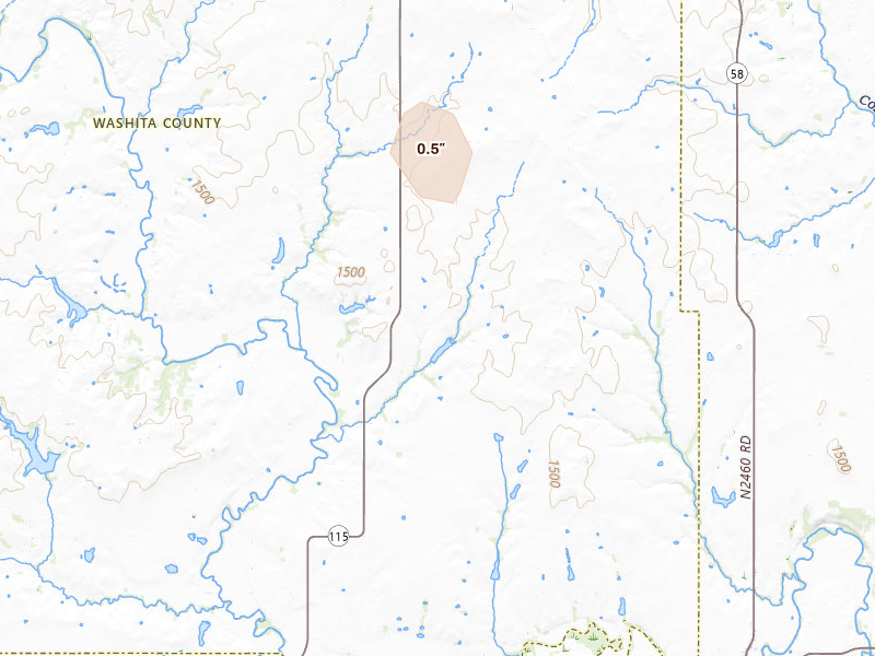 Radar-estimated hail-size map of the storm over Mountain View, OK on Jun 5, 2026