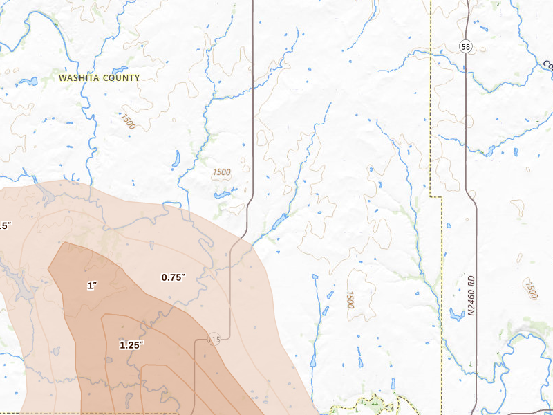 Radar-estimated hail-size map of the storm over Mountain View, OK on Jun 11, 2026