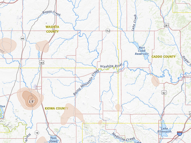 Radar-estimated hail-size map of the storm over Mountain View, OK on Jun 18, 2026