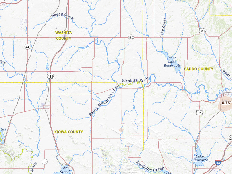 Radar-estimated hail-size map of the storm over Mountain View, OK on Jul 7, 2026