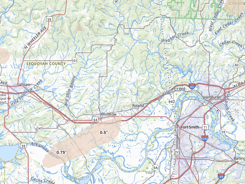 Radar-estimated hail-size map of the storm over Muldrow, OK on Mar 4, 2026