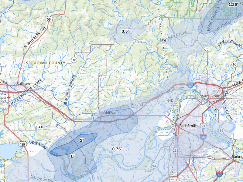 NEXRAD radar-signature map of the hail storm over Muldrow, OK on Mar 4, 2026
