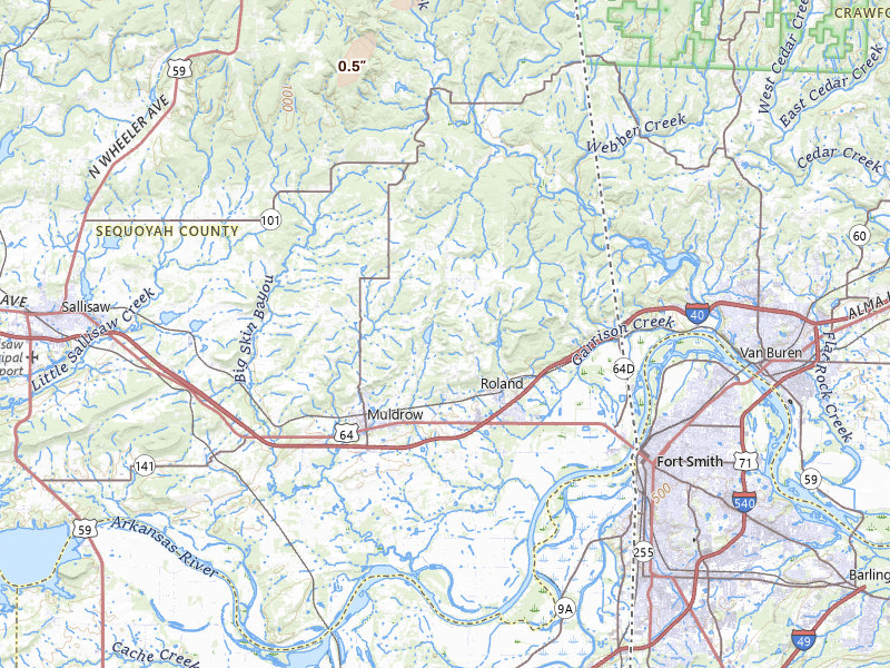 Radar-estimated hail-size map of the storm over Muldrow, OK on Mar 6, 2026