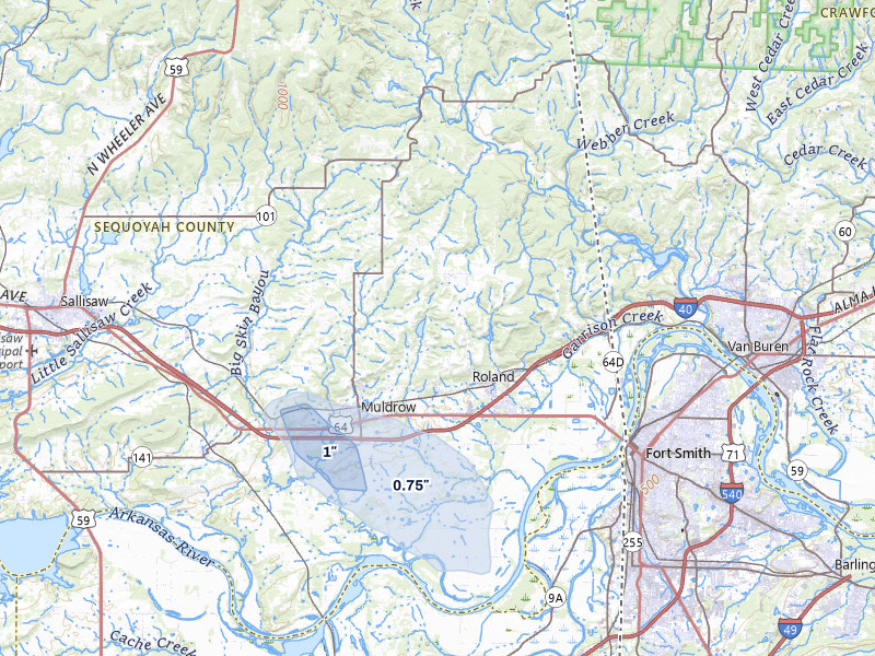NEXRAD radar-signature map of the hail over Muldrow, OK