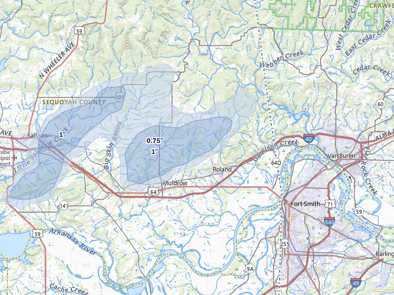 NEXRAD radar-signature map of the hail storm over Muldrow, OK on Apr 28, 2026