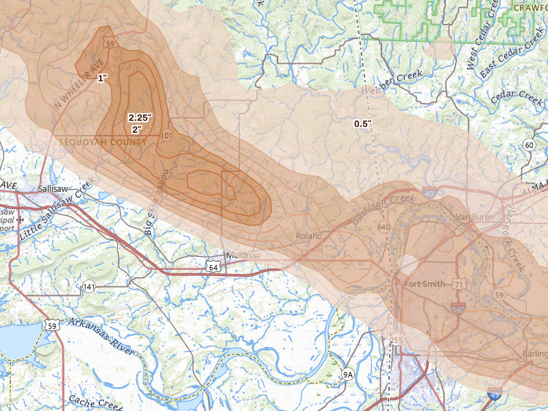 Radar-estimated hail-size map of the storm over Muldrow, OK on May 8, 2026