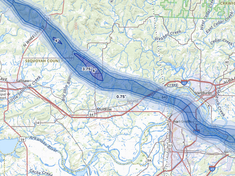NEXRAD radar-signature map of the hail storm over Muldrow, OK on May 8, 2026