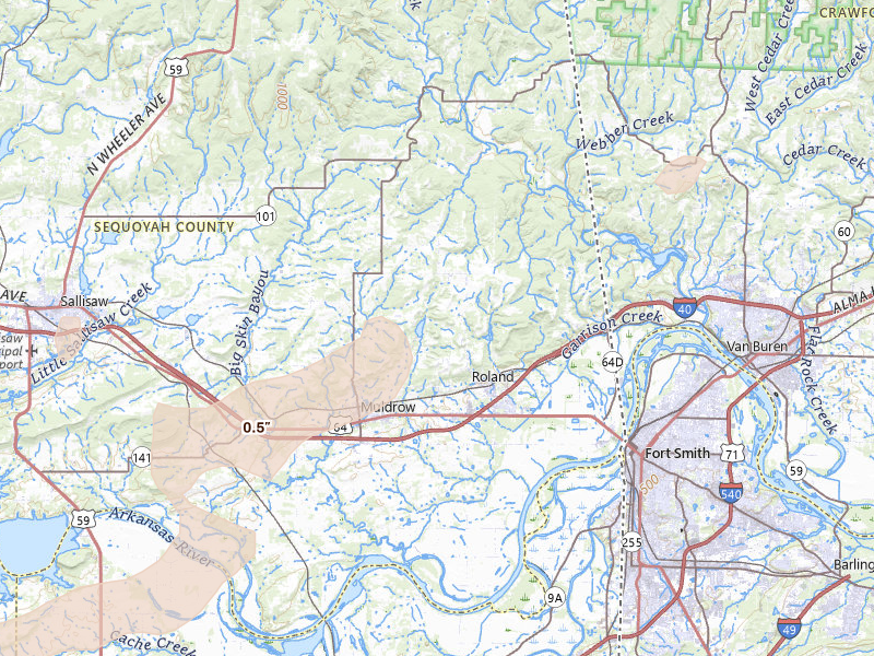 Radar-estimated hail-size map of the storm over Muldrow, OK on May 9, 2026