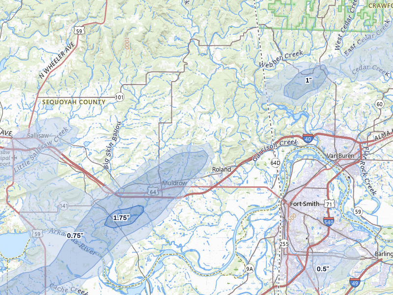 NEXRAD radar-signature map of the hail over Muldrow, OK