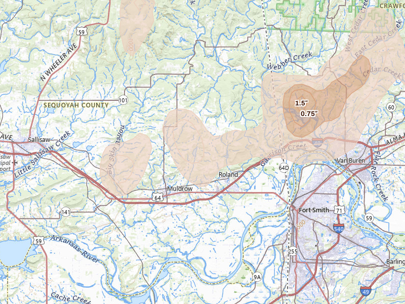 Radar-estimated hail-size map of the storm over Muldrow, OK on Jul 6, 2026