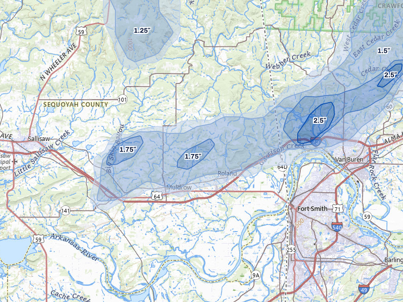 NEXRAD radar-signature map of the hail storm over Muldrow, OK on Jul 6, 2026