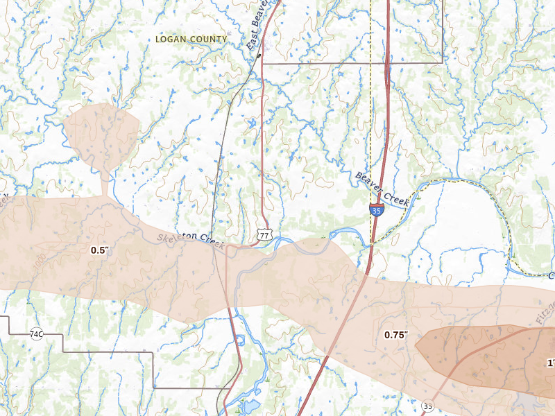 Radar-estimated hail-size map of the storm over Mulhall, OK on May 8, 2026