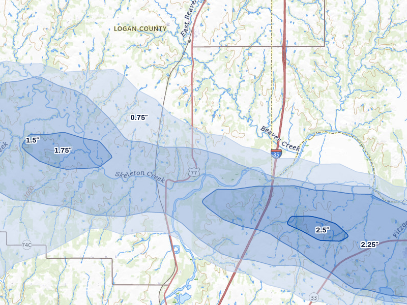 NEXRAD radar-signature map of the hail storm over Mulhall, OK on May 8, 2026