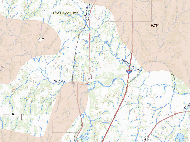 Radar-estimated hail-size map of the storm over Mulhall, OK