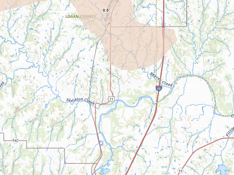Radar-estimated hail-size map of the storm over Mulhall, OK on Jun 23, 2026