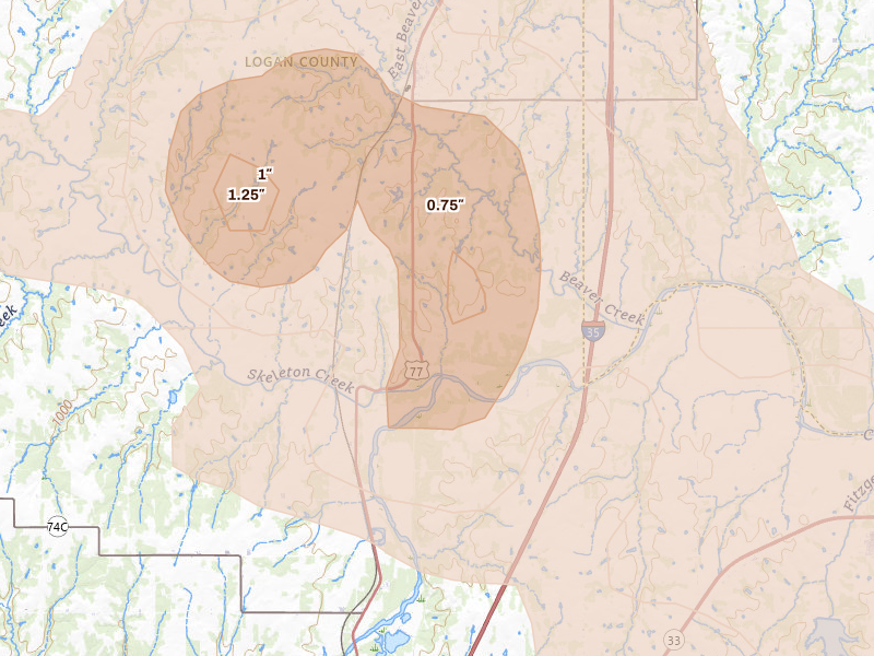 Radar-estimated hail-size map of the storm over Mulhall, OK on Jul 4, 2026