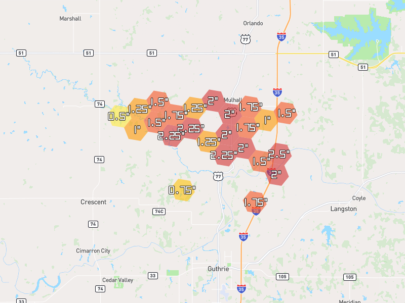 Hail map of Mulhall, OK on Jul 5, 2026, hail up to 2.5"