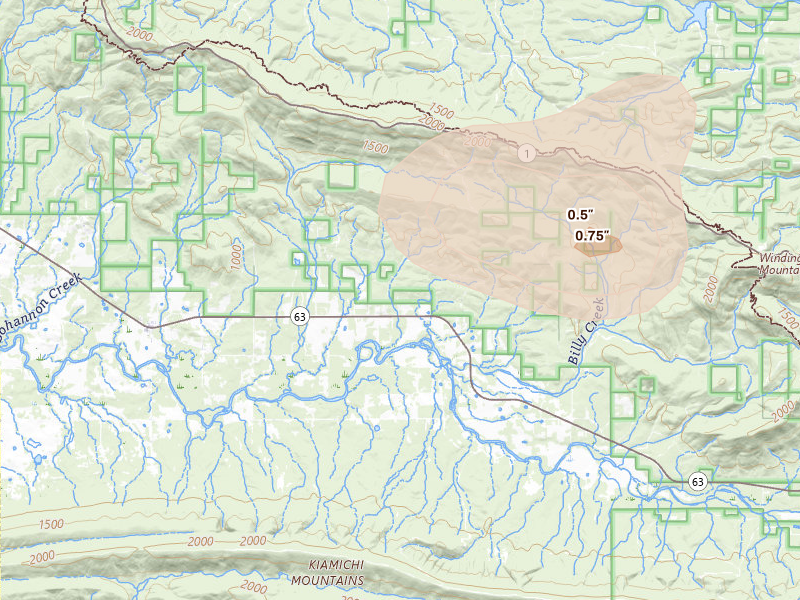 Radar-estimated hail-size map of the storm over Muse, OK on Aug 7, 2026