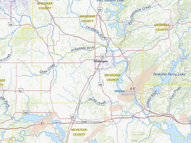 Radar-estimated hail-size map of the storm over Muskogee, OK on Mar 4, 2026