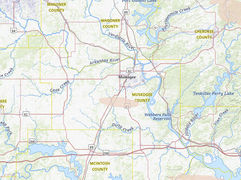 Radar-estimated hail-size map of the storm over Muskogee, OK on Apr 25, 2026