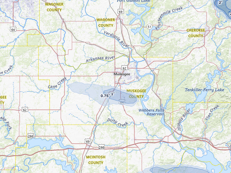 NEXRAD radar-signature map of the hail over Muskogee, OK