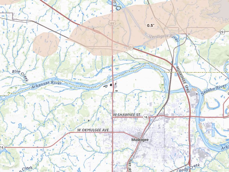 Radar-estimated hail-size map of the storm over Muskogee, OK on Apr 28, 2026