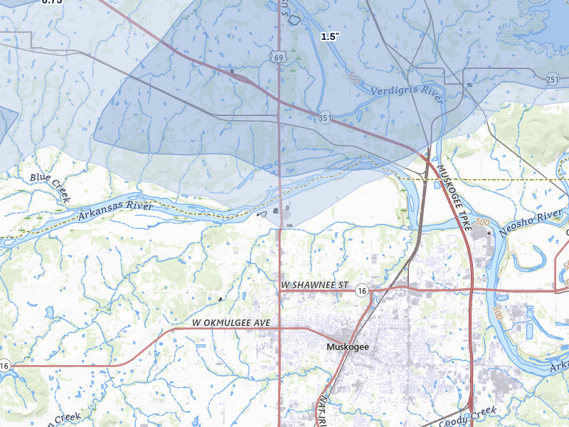 NEXRAD radar-signature map of the hail storm over Muskogee, OK on Apr 28, 2026