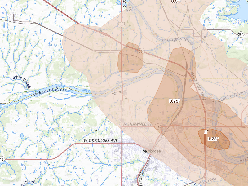 Radar-estimated hail-size map of the storm over Muskogee, OK on May 8, 2026